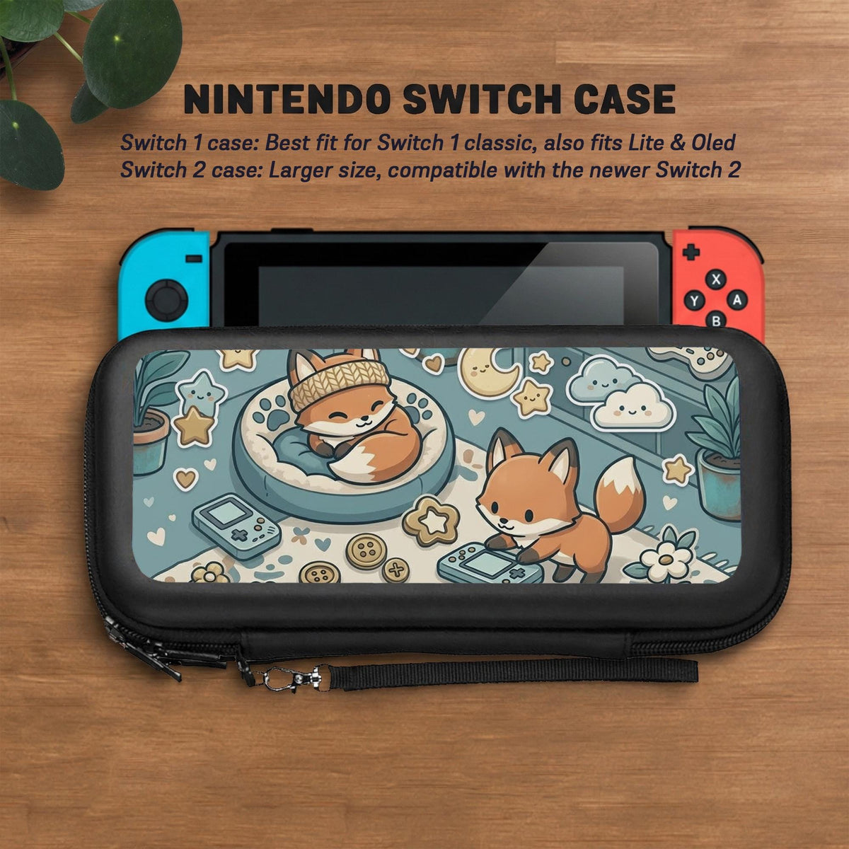 Blue Switch carrying case with cute fox characters, moon and star details, and small potted plants with beige accents.