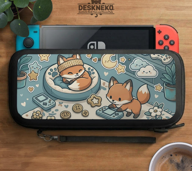 Blue Switch carrying case with cute fox characters, moon and star details, and small potted plants with beige accents.
