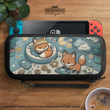 Blue Switch carrying case with cute fox characters, moon and star details, and small potted plants with beige accents.