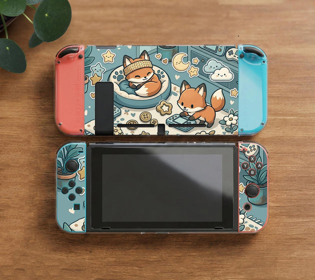 Blue Switch carrying case with cute fox characters, moon and star details, and small potted plants with beige accents.