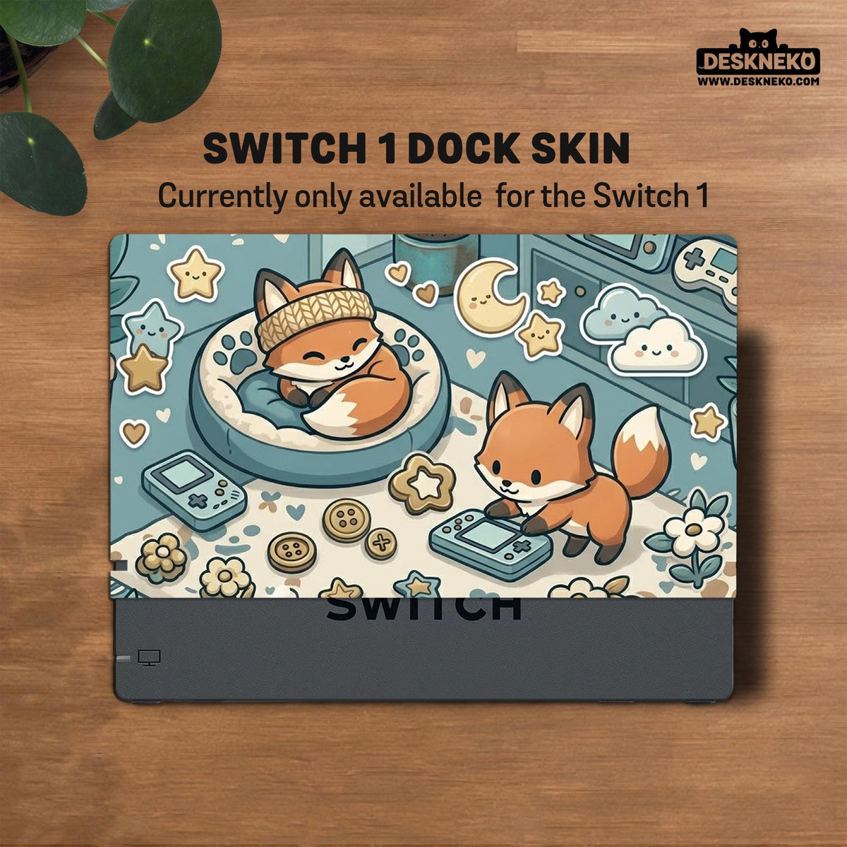 Blue Switch carrying case with cute fox characters, moon and star details, and small potted plants with beige accents.