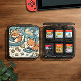 Blue Switch carrying case with cute fox characters, moon and star details, and small potted plants with beige accents.