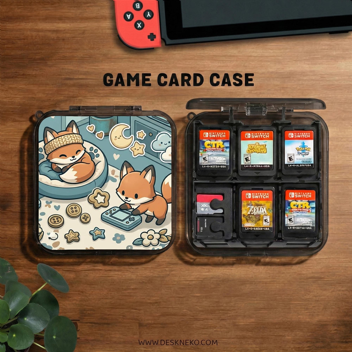 Blue Switch carrying case with cute fox characters, moon and star details, and small potted plants with beige accents.