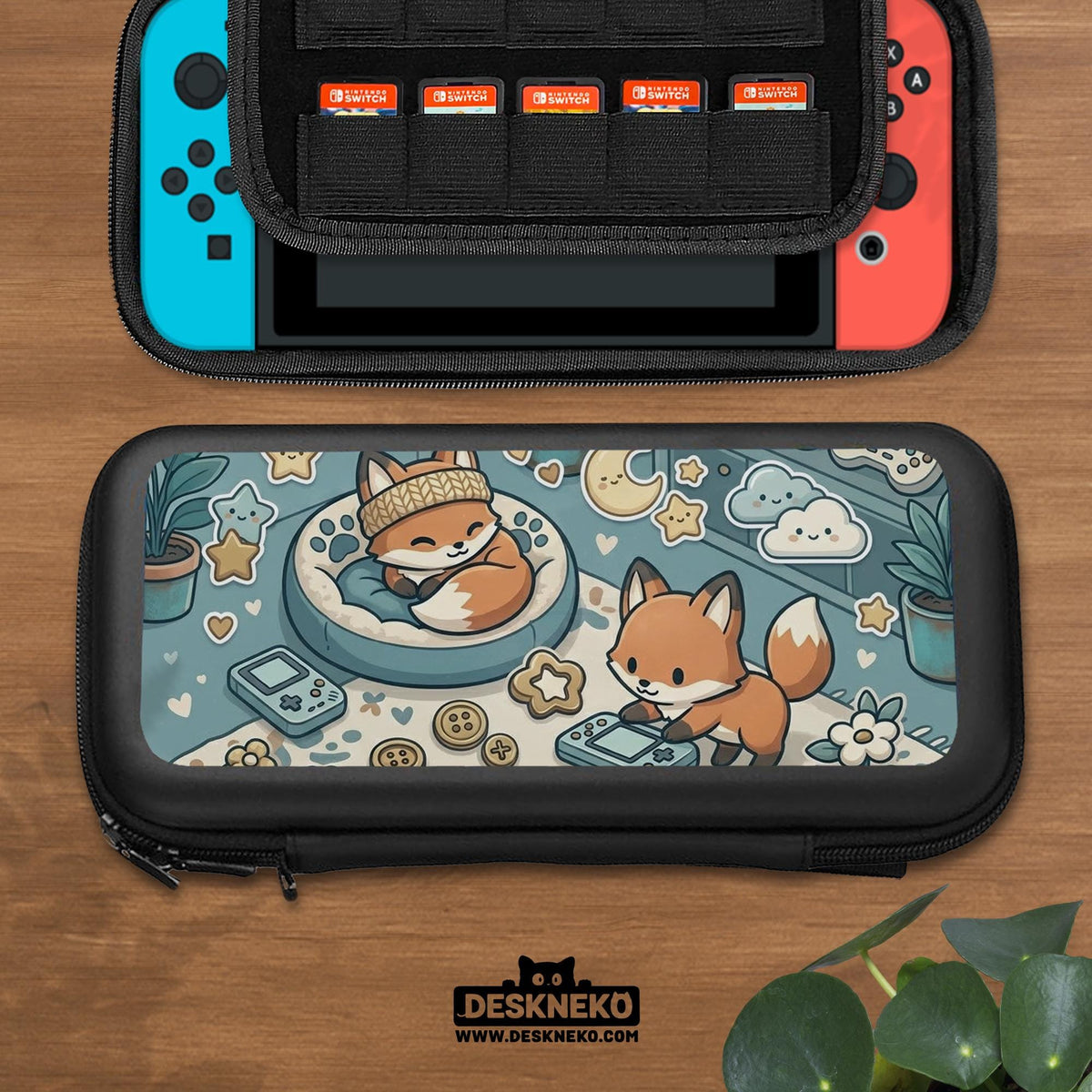 Blue Switch carrying case with cute fox characters, moon and star details, and small potted plants with beige accents.