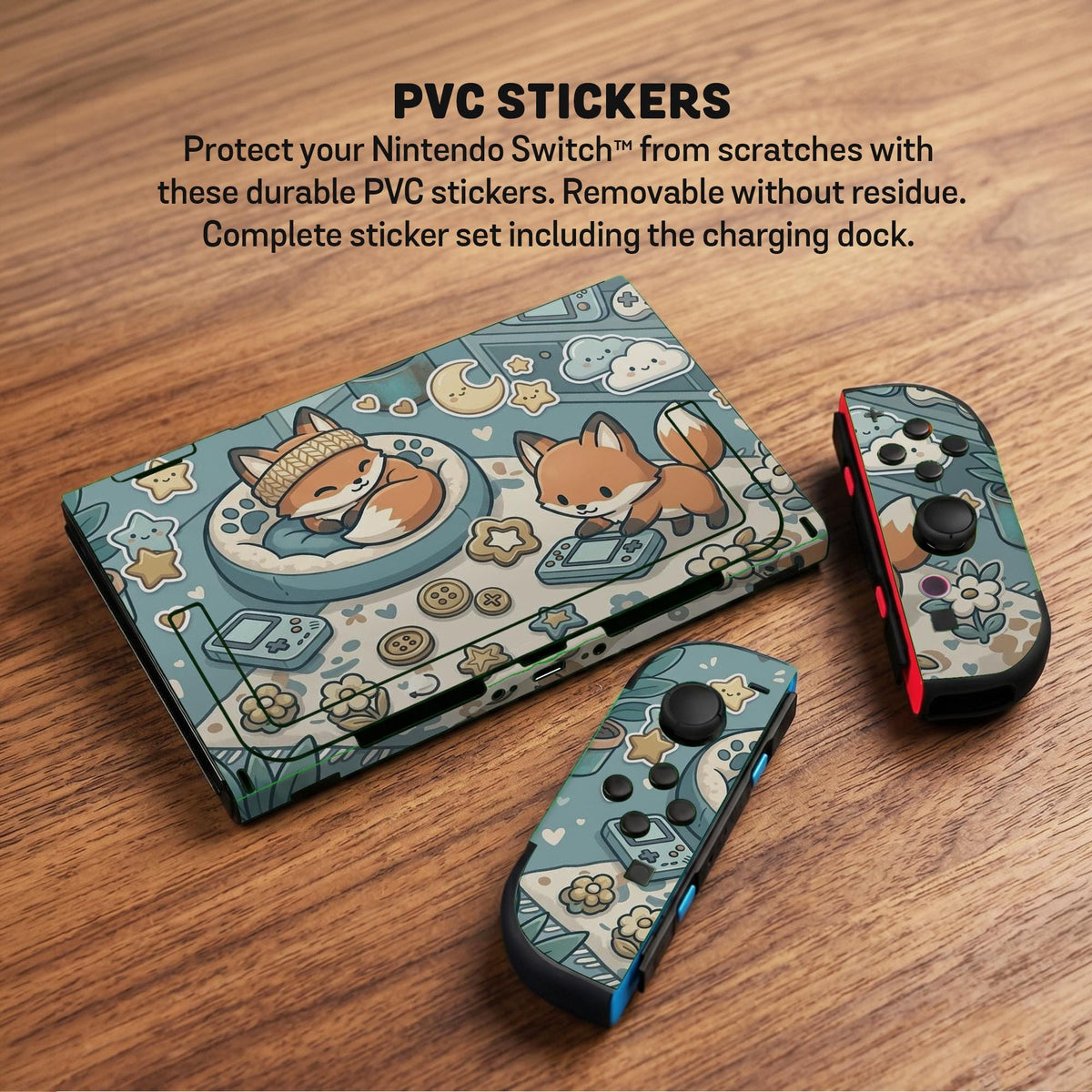 Blue Switch carrying case with cute fox characters, moon and star details, and small potted plants with beige accents.