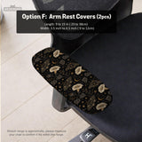 Black chair cover with a moth, moon, and flower pattern in gold, ivory, and dark botanical tones.