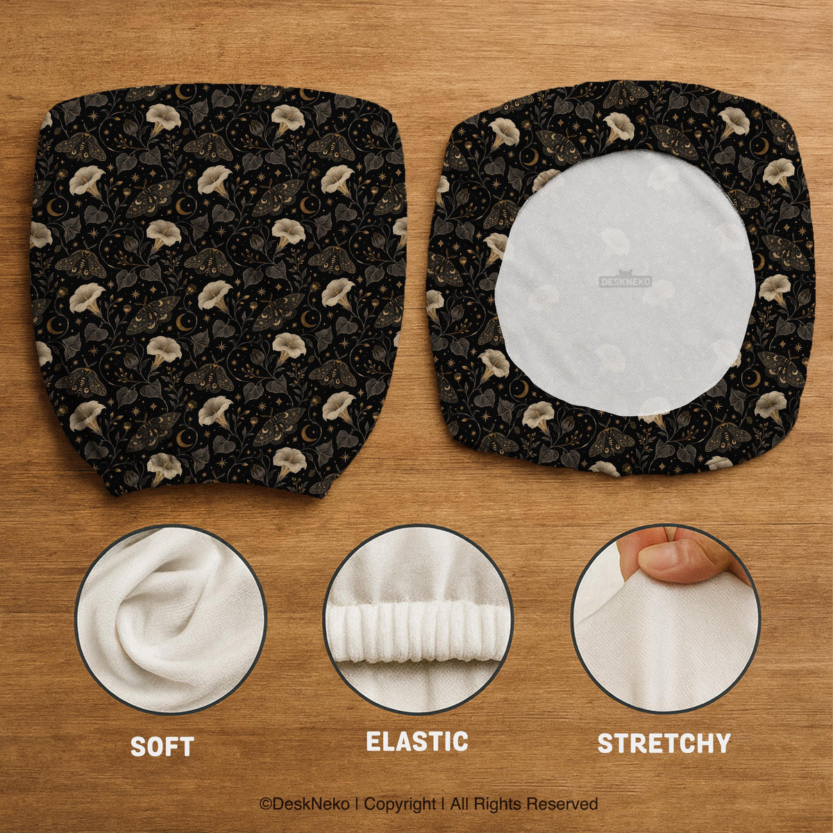 Black chair cover with a moth, moon, and flower pattern in gold, ivory, and dark botanical tones.