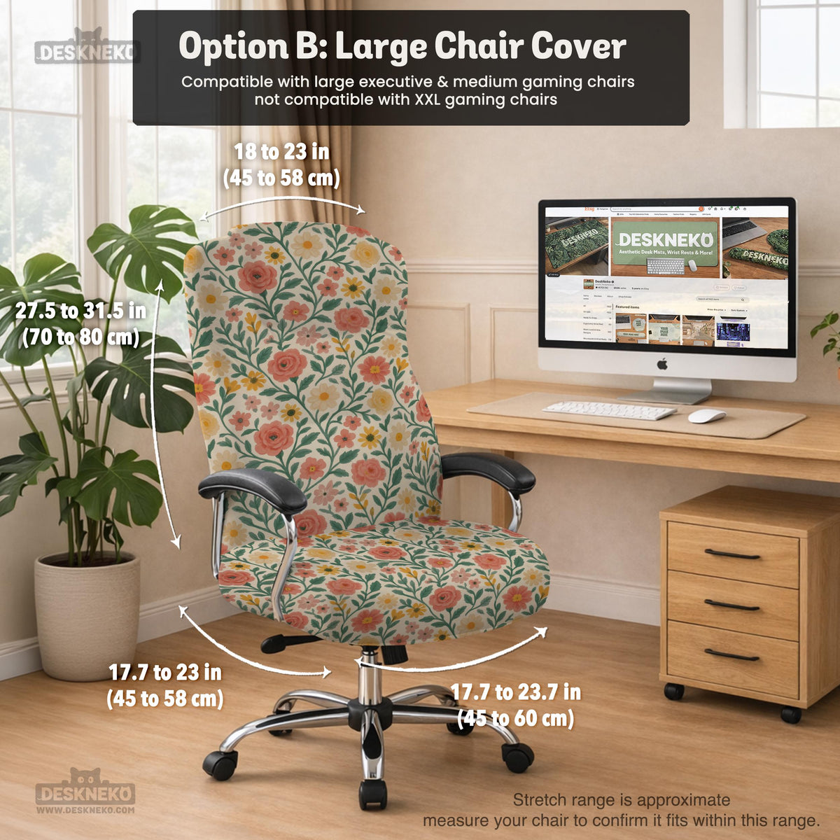 Cream desk chair cover with a vintage floral print featuring coral roses, mustard daisies, and green vines on a chair.