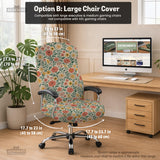 Cream desk chair cover with a vintage floral print featuring coral roses, mustard daisies, and green vines on a chair.