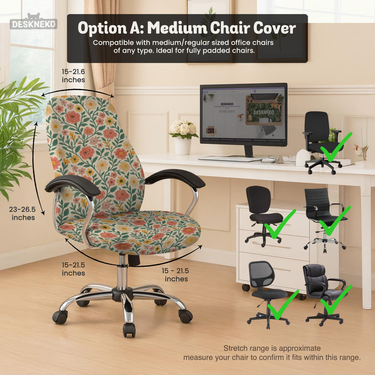 Cream desk chair cover with a vintage floral print featuring coral roses, mustard daisies, and green vines on a chair.