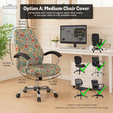 Cream desk chair cover with a vintage floral print featuring coral roses, mustard daisies, and green vines on a chair.