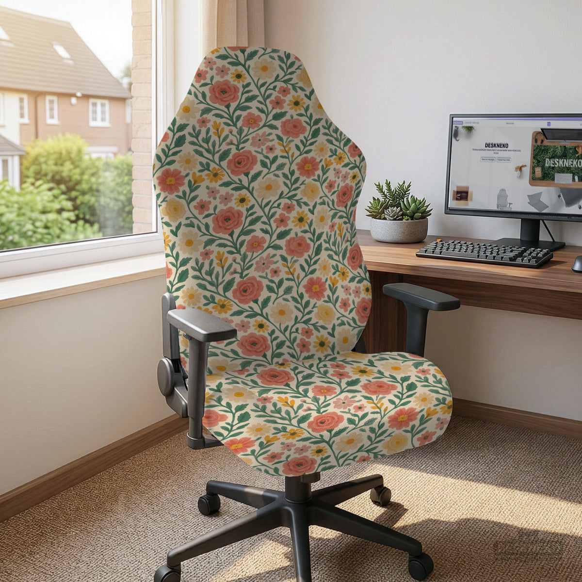 Cream desk chair cover with a vintage floral print featuring coral roses, mustard daisies, and green vines on a chair.