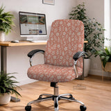 Pink chair cover with a botanical floral print shown on an office chair, with matching armrest covers and multiple cover style options.