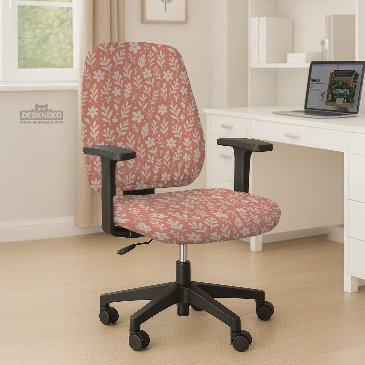 Pink chair cover with a botanical floral print shown on an office chair, with matching armrest covers and multiple cover style options.