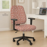 Pink chair cover with a botanical floral print shown on an office chair, with matching armrest covers and multiple cover style options.