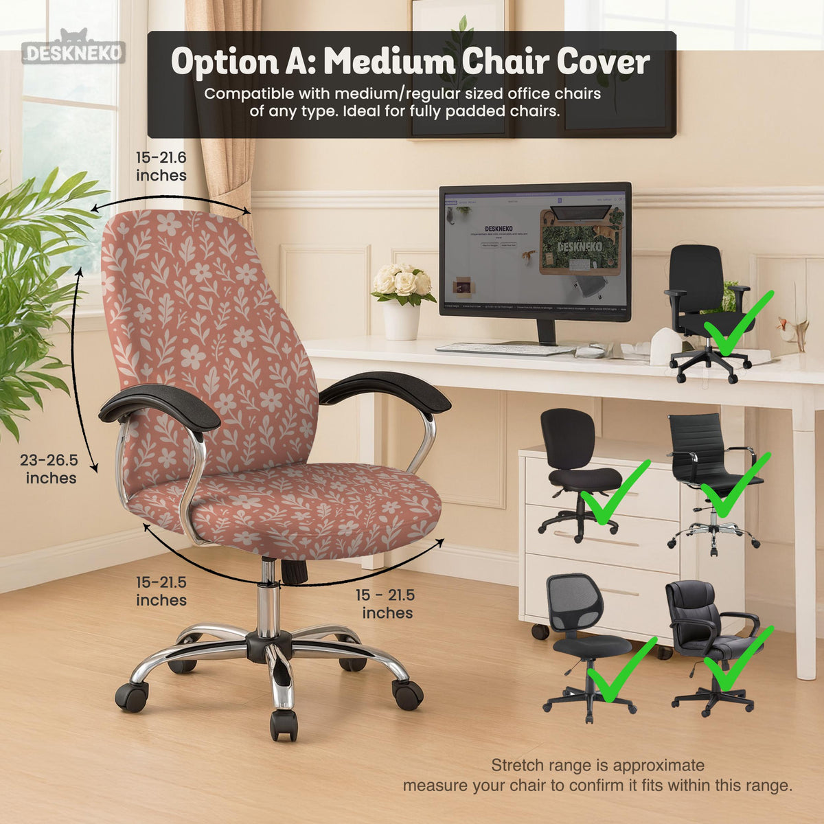 Pink chair cover with a botanical floral print shown on an office chair, with matching armrest covers and multiple cover style options.