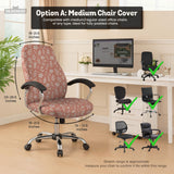 Pink chair cover with a botanical floral print shown on an office chair, with matching armrest covers and multiple cover style options.