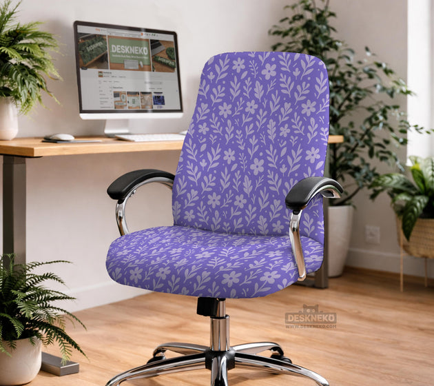 Purple desk chair cover with a botanical floral pattern shown in multiple slipcover options for full chair, back and seat, seat-only, and armrest-only coverage.