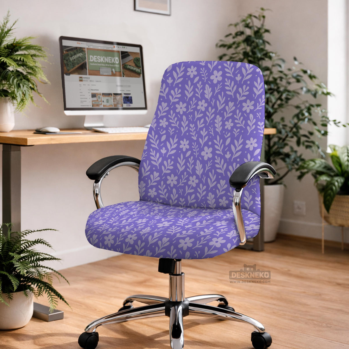 Purple desk chair cover with a botanical floral pattern shown in multiple slipcover options for full chair, back and seat, seat-only, and armrest-only coverage.