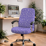 Purple desk chair cover with a botanical floral pattern shown in multiple slipcover options for full chair, back and seat, seat-only, and armrest-only coverage.