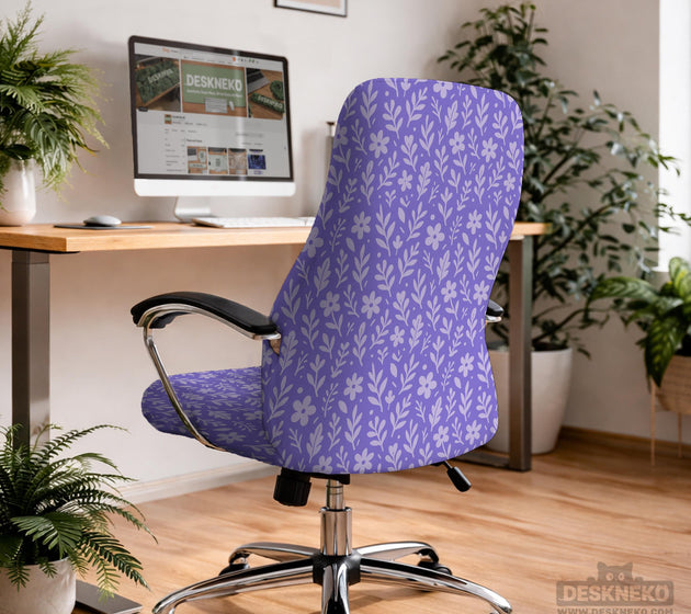 Purple desk chair cover with a botanical floral pattern shown in multiple slipcover options for full chair, back and seat, seat-only, and armrest-only coverage.