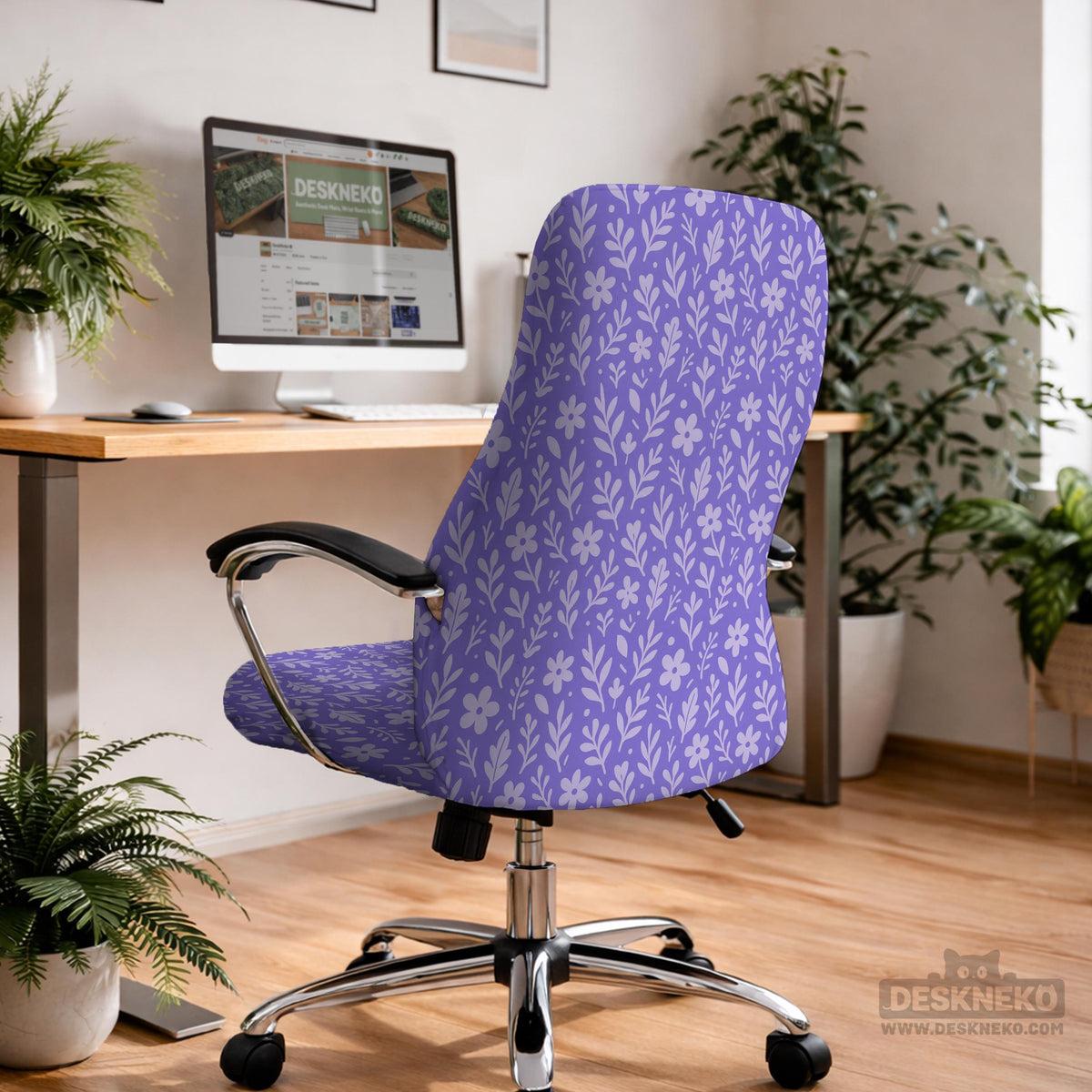 Purple desk chair cover with a botanical floral pattern shown in multiple slipcover options for full chair, back and seat, seat-only, and armrest-only coverage.