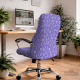 Purple desk chair cover with a botanical floral pattern shown in multiple slipcover options for full chair, back and seat, seat-only, and armrest-only coverage.