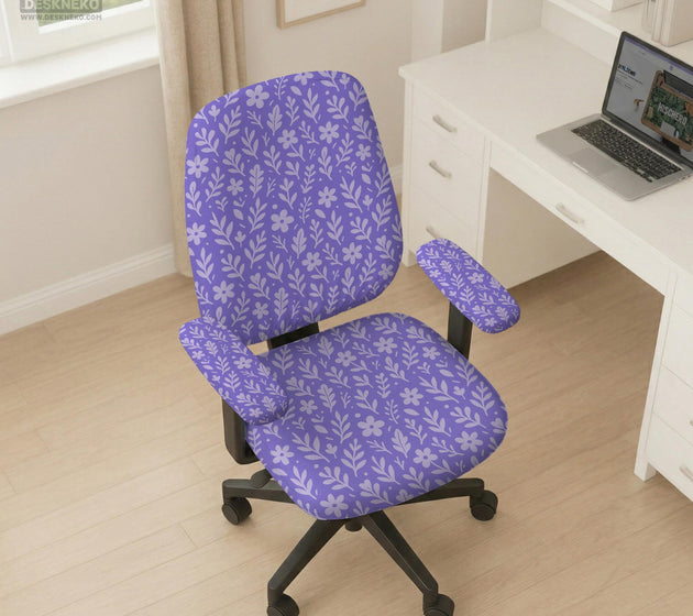 Purple desk chair cover with a botanical floral pattern shown in multiple slipcover options for full chair, back and seat, seat-only, and armrest-only coverage.