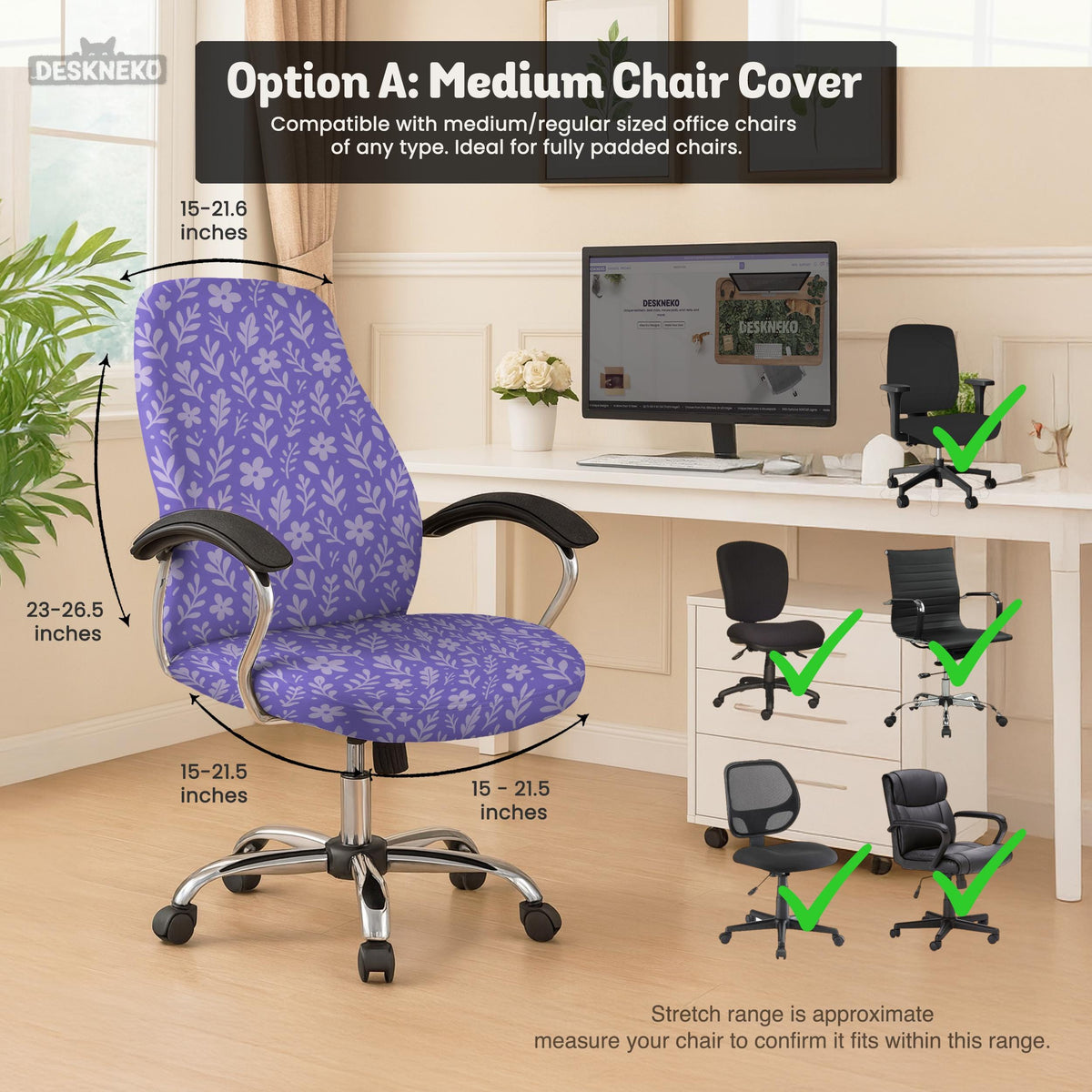 Purple desk chair cover with a botanical floral pattern shown in multiple slipcover options for full chair, back and seat, seat-only, and armrest-only coverage.