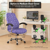 Purple desk chair cover with a botanical floral pattern shown in multiple slipcover options for full chair, back and seat, seat-only, and armrest-only coverage.