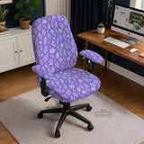 Purple desk chair cover with a botanical floral pattern shown in multiple slipcover options for full chair, back and seat, seat-only, and armrest-only coverage.