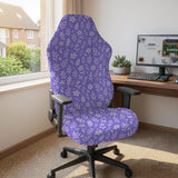 Purple desk chair cover with a botanical floral pattern shown in multiple slipcover options for full chair, back and seat, seat-only, and armrest-only coverage.