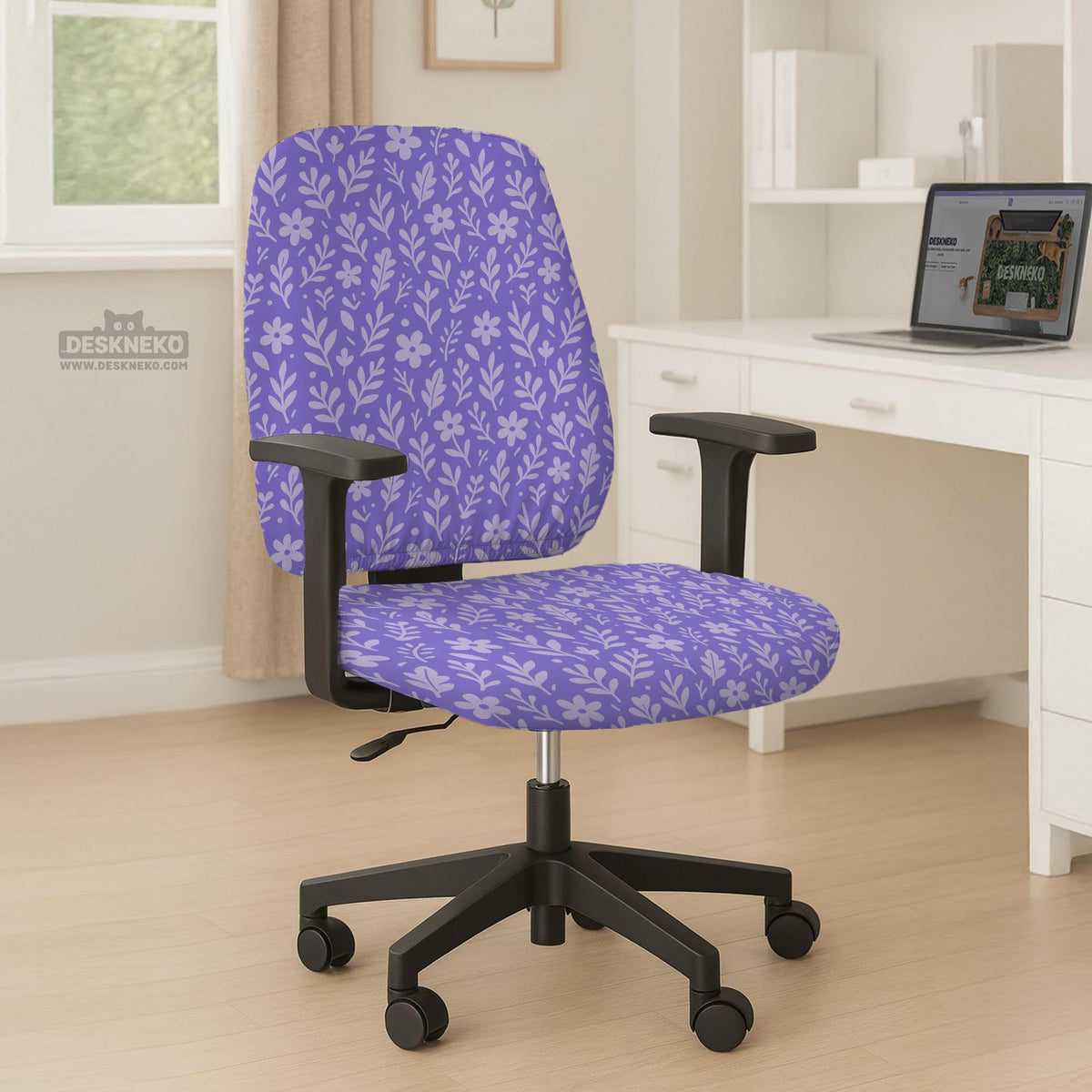 Purple desk chair cover with a botanical floral pattern shown in multiple slipcover options for full chair, back and seat, seat-only, and armrest-only coverage.