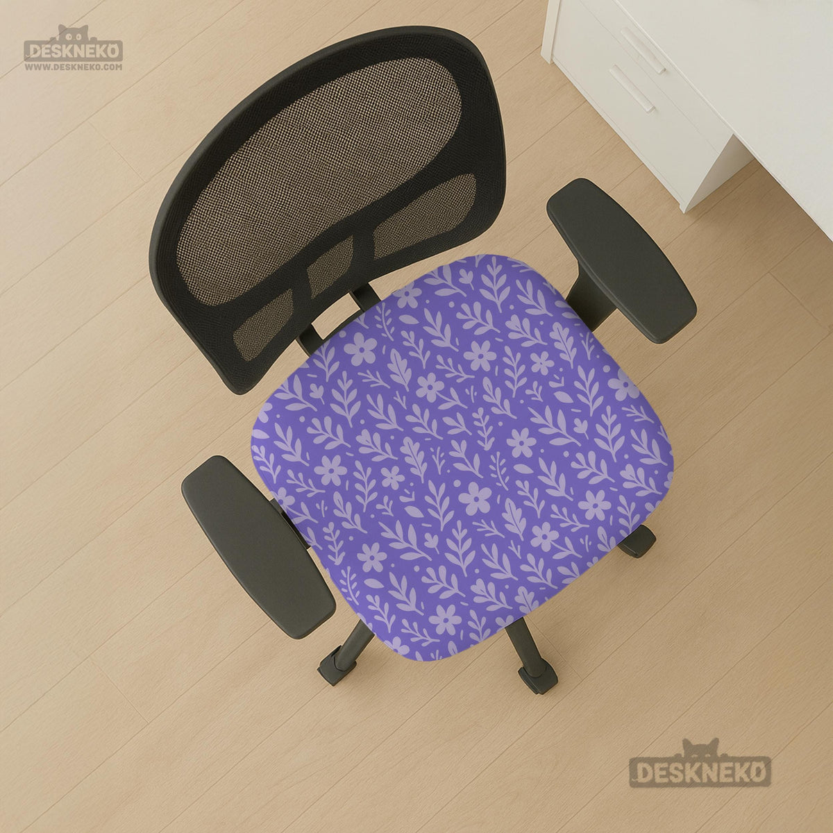 Purple desk chair cover with a botanical floral pattern shown in multiple slipcover options for full chair, back and seat, seat-only, and armrest-only coverage.