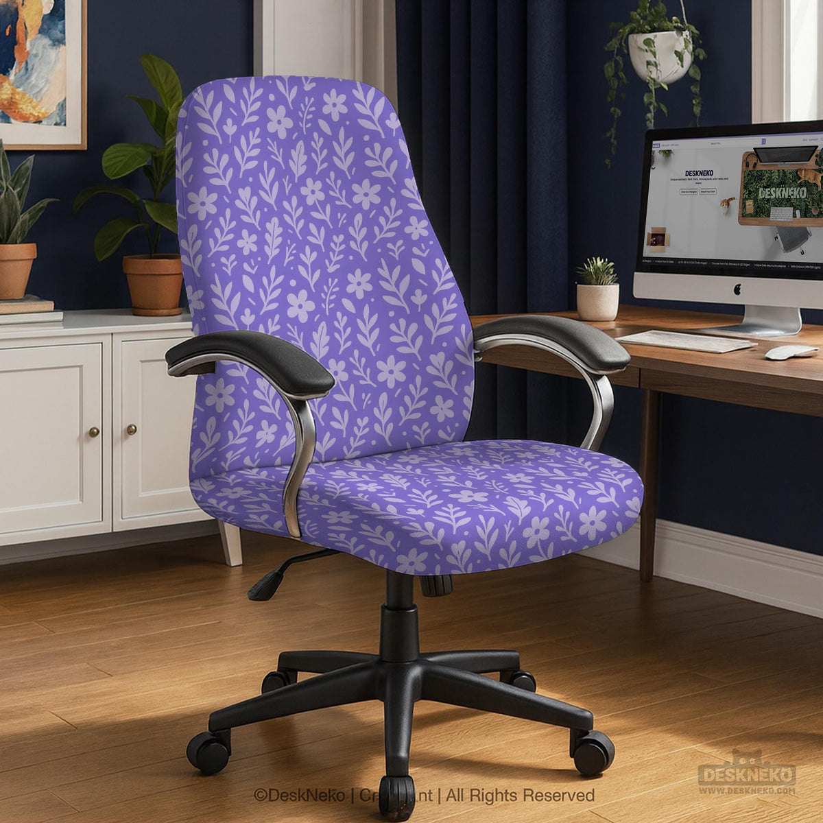 Purple desk chair cover with a botanical floral pattern shown in multiple slipcover options for full chair, back and seat, seat-only, and armrest-only coverage.