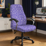 Purple desk chair cover with a botanical floral pattern shown in multiple slipcover options for full chair, back and seat, seat-only, and armrest-only coverage.