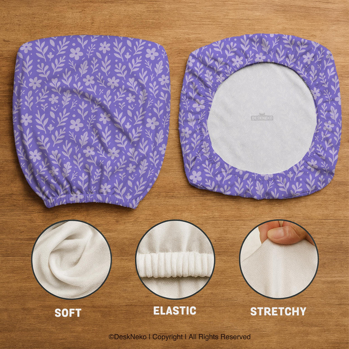 Purple desk chair cover with a botanical floral pattern shown in multiple slipcover options for full chair, back and seat, seat-only, and armrest-only coverage.