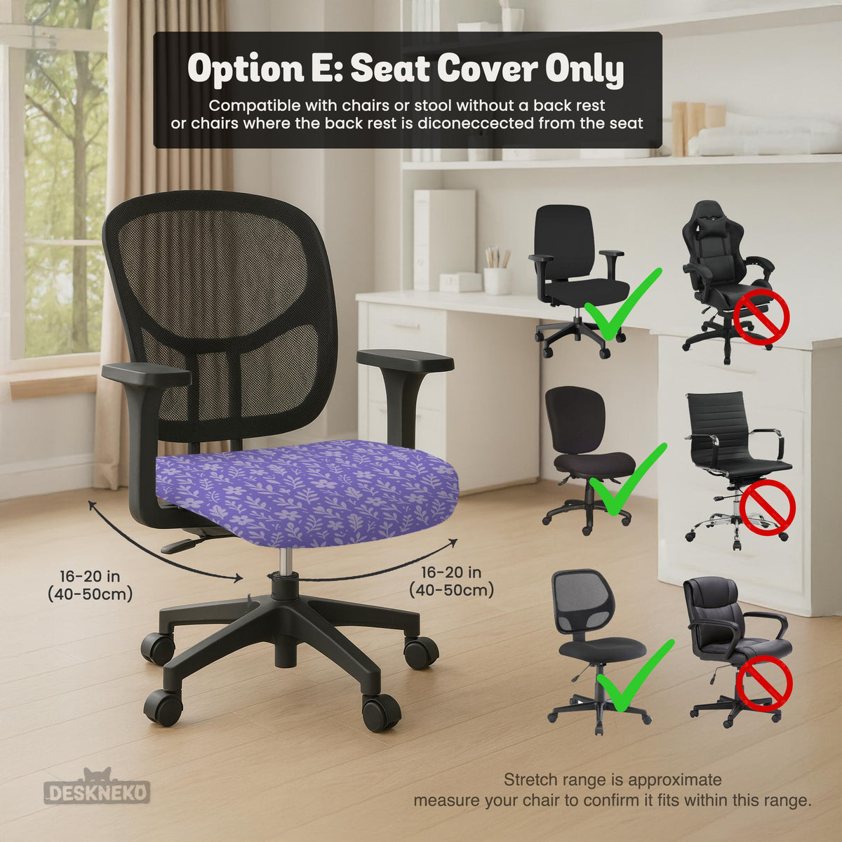 Purple desk chair cover with a botanical floral pattern shown in multiple slipcover options for full chair, back and seat, seat-only, and armrest-only coverage.