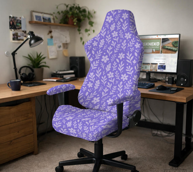 Purple desk chair cover with a botanical floral pattern shown in multiple slipcover options for full chair, back and seat, seat-only, and armrest-only coverage.