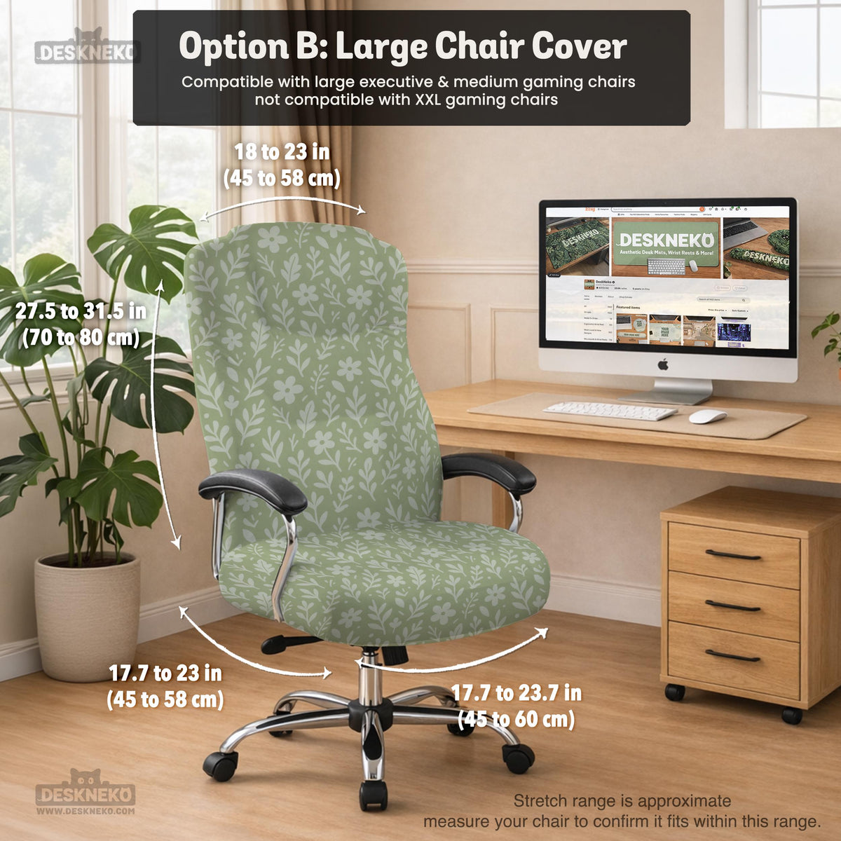 Sage green desk chair cover with a small floral and leaf print shown on an office chair.