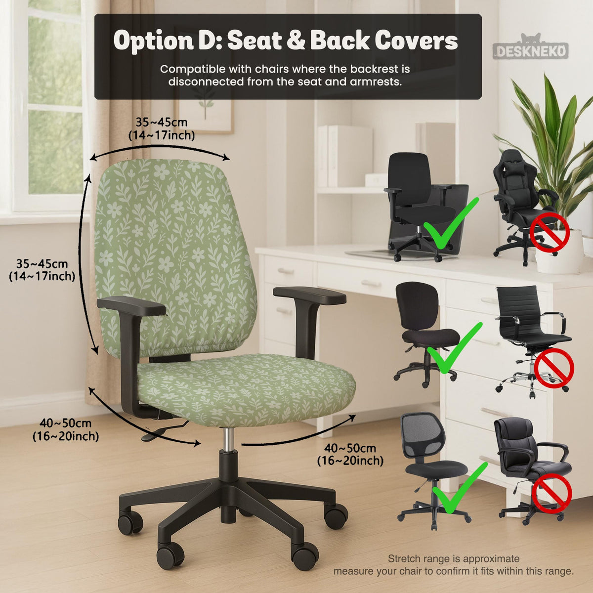 Sage green desk chair cover with a small floral and leaf print shown on an office chair.