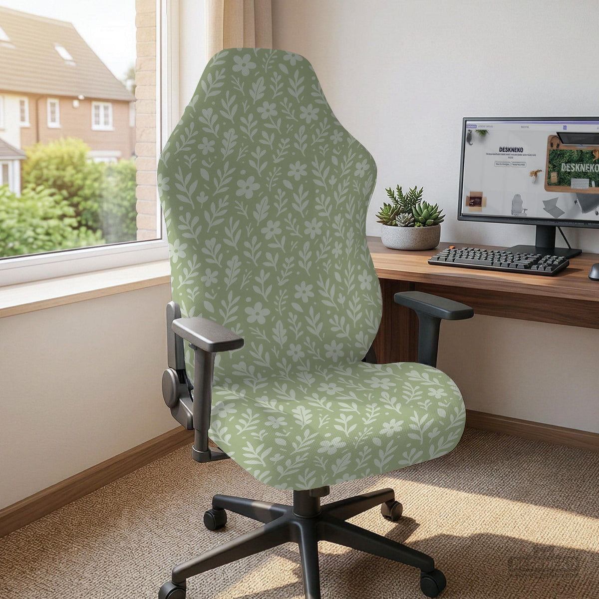 Green chair cover with a small botanical floral print in sage and cream.