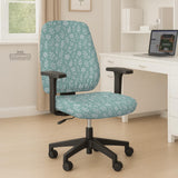 Mint and white botanical desk chair cover with a floral leaf pattern shown on an office chair.