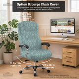 Mint and white botanical desk chair cover with a floral leaf pattern shown on an office chair.