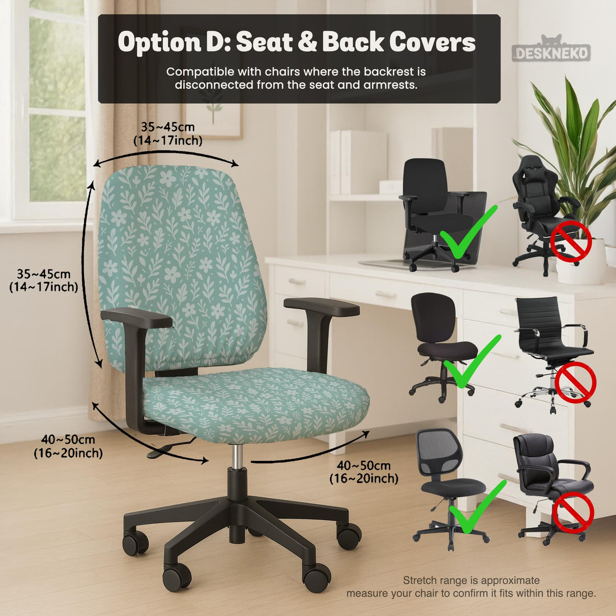 Mint and white botanical desk chair cover with a floral leaf pattern shown on an office chair.
