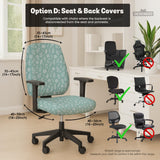 Mint and white botanical desk chair cover with a floral leaf pattern shown on an office chair.