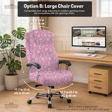 Blush pink chair cover with a small botanical floral pattern shown on an office chair.