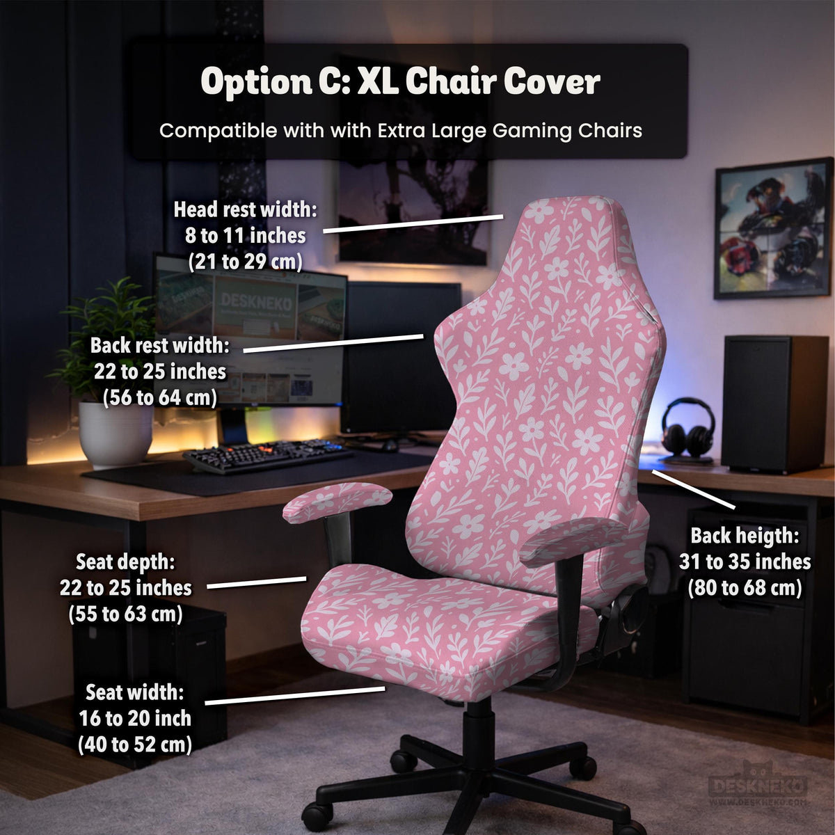 Soft pink floral chair cover shown on a gaming chair with a high back and armrests.