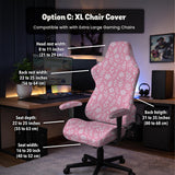 Soft pink floral chair cover shown on a gaming chair with a high back and armrests.