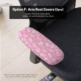 Blush pink chair cover with a small botanical floral pattern shown on an office chair.